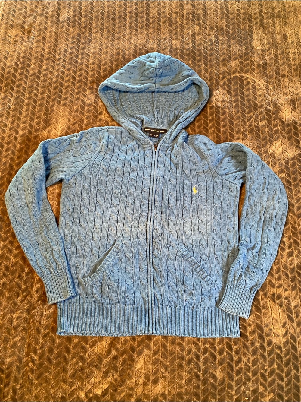 Ralph Lauren sport  by Ralph Lauren Light Blue Cable-Knit Hooded Zip Sweater